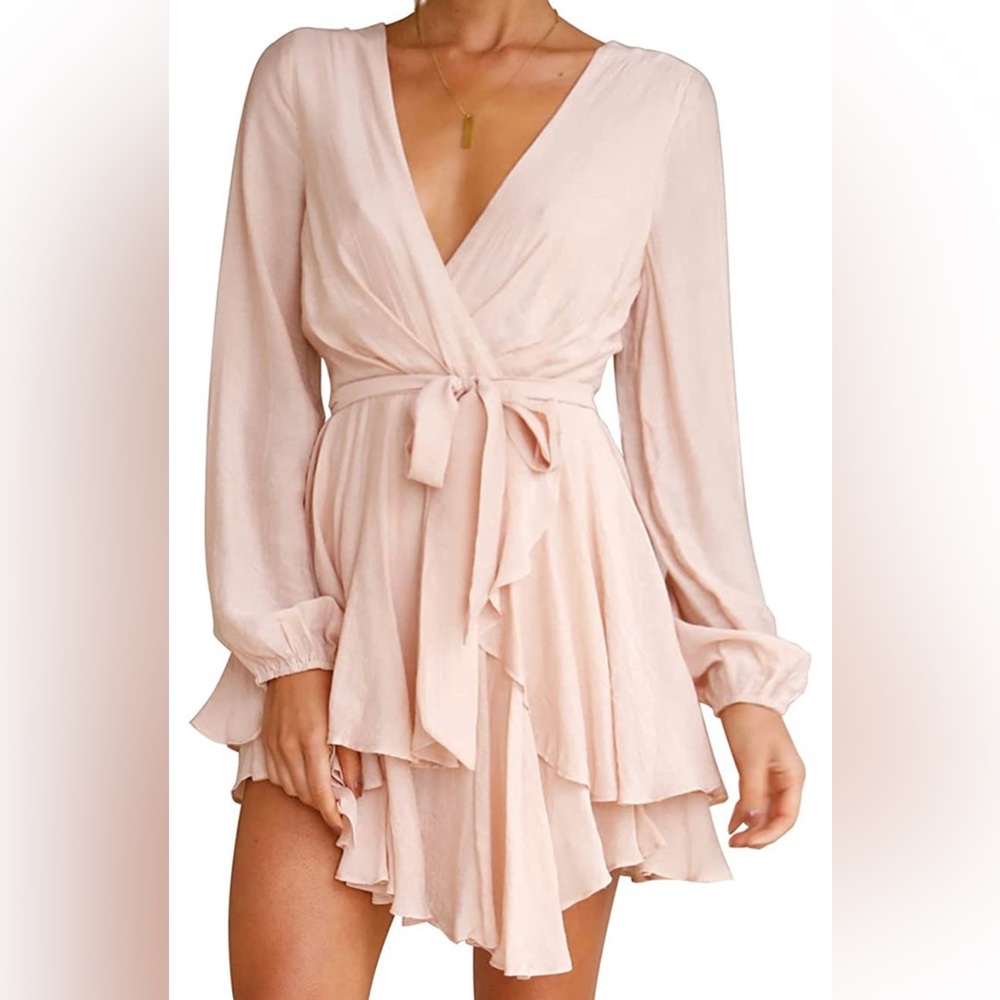 Long Sleeve Wrap Mini Dress in Blush